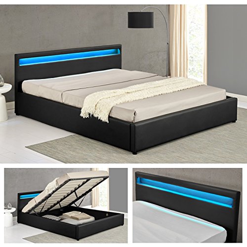 OHIO Schwarz LED Doppelbett Polsterbett Gasdruckfeder Bett Lattenrost Kunstleder