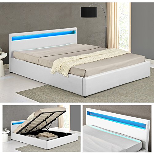 OHIO Weiss LED Doppelbett Polsterbett Gasdruckfeder Bett Lattenrost Kunstleder