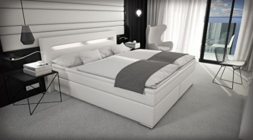 SAM® Design Boxspringbett Savona mit Samolux®-Bezug in weiß, LED-Beleuchtung, Bonellfederkern-Matratze, Box mit Holzrahmen und Nosag-Unterfederung, extra dickem Topper, hochwertigen chromfarbenen-Füßen, optimale Einstiegshöhe, 180 x 200 cm