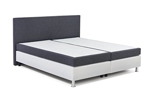 B-famous 150380 Boxspringbett Tom, 206 x 190 x 109 cm, Materialmix feiner Strukturstoff grau mit PU Kunstleder weiß