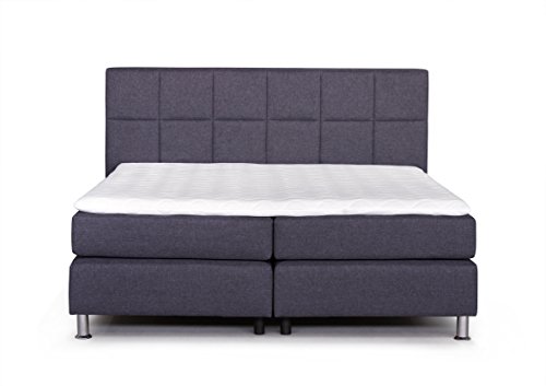 B-famous BOSTON LUX 140 H2 BETT 957-03 Boxspringbett 140 x 200 cm, feine Struktur, Kopfteil gesteppt, 7-Zonen Taschenfederkern, Visco Topper, Polyester, dunkelgrau, Double, 208 x 150 x 120 cm