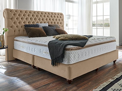 Boxspringbett 180x200 Beige Velour Montana Hotelbett Doppelbett Matratze Topper Modern Luxusbett