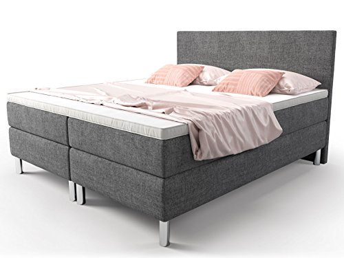 Boxspringbett Grau Doppelbett Hotelbett Cosmo Webstoff fein Ehebett Taschenfederkern Topper