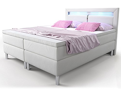 Boxspringbett Weiß mit LED Doppelbett Hotelbett Sofia Kunstleder Ehebett Bonellfederkern Topper