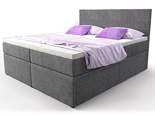 Boxspringbett mit Bettkasten Schubkasten grau Stoff Elisa Doppelbett Hotelbett Taschenfederkern Topper