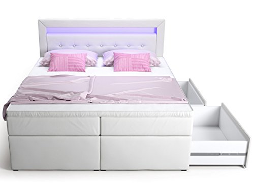 Boxspringbett mit Bettkasten Schubkasten weiß Delia LED Beleuchtung blau Doppelbett Hotelbett Taschenfederkern Topper