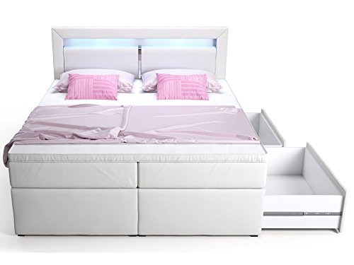 Boxspringbett mit Bettkasten Schubkasten weiß Sofia LED Beleuchtung Doppelbett Hotelbett Topper Taschenfederkern