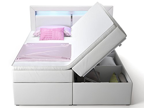 Boxspringbett mit Bettkasten weiß Sofia2 LED Beleuchtung Doppelbett Hotelbett Topper Taschenfederkern