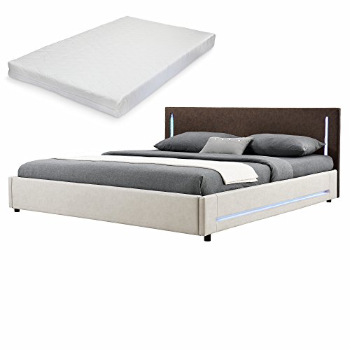 [my.bed] Elegantes LED Polsterbett mit Kaltschaum-Matratze (H2) - 180x200cm - Wild-leder-imitat (Kopfteil: braun - Fuß-und Seitenteil: ivory) - Bett / Doppelbett / Bettgestell inkl. Lattenrost