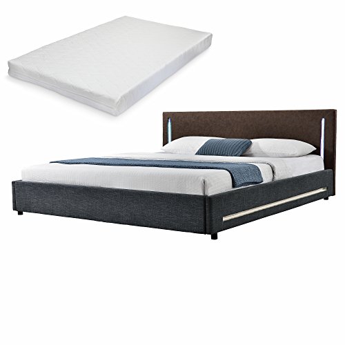 [my.bed] Elegantes LED Polsterbett mit Kaltschuam-Matratze (H2) - 140x200cm - (Kopfteil: Wildlederimitat braun - Fuß-und Seitenteil: Textil schwarz) - Bett / Doppelbett / Bettgestell inkl. Lattenrost