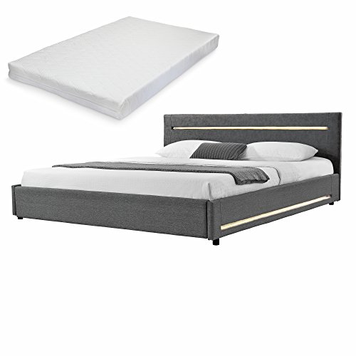 [my.bed] Elegantes LED Polsterbett mit Kaltschuam-Matratze (H2) - 140x200cm - (Kopfteil: Wildlederimitat grau - Fuß-und Seitenteil: Textil grau) - Bett / Doppelbett / Bettgestell inkl. Lattenrost