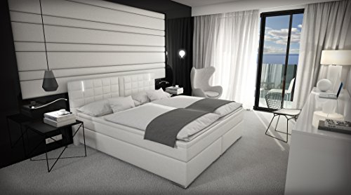 Boxspringbett Weiß mit Lautsprecher LED Kopflicht VISCO Martratze Kunstleder Hotelbett Polsterbett Ajna