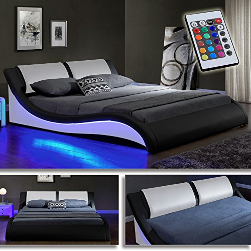 Kentucky Schwarz/Weiss Doppelbett Polsterbett LED mit Fernbedienung Bett Lattenrost Kunstleder