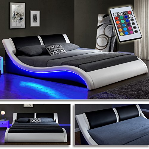 "Kentucky" Weiss/Schwarz Doppelbett Polsterbett LED Bett Lattenrost Kunstleder