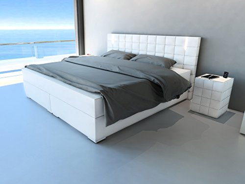 SAM® Design Boxspringbett Berlin mit Samolux®-Bezug in weiß, LED-Beleuchtung, Bonellfederkern-Matratze, Box mit Holzrahmen und Nosag-Unterfederung, extra dickem Topper, hochwertigen chromfarbenen-Füßen, optimale Einstiegshöhe, 180 x 200 cm