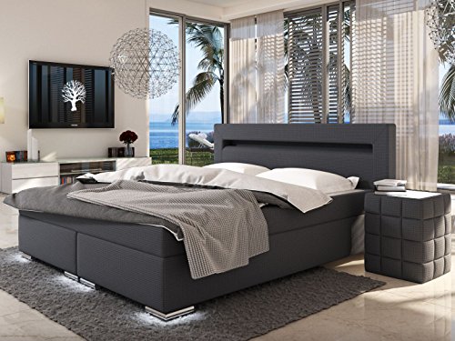 SAM® Design Boxspringbett mit Neo Stoff-Bezug in anthrazit, LED-Beleuchtung an Füßen & Kopfteil, Bonellfederkern-Matratze, Box mit Holzrahmen und Nosag-Unterfederung, 180 x 200 cm