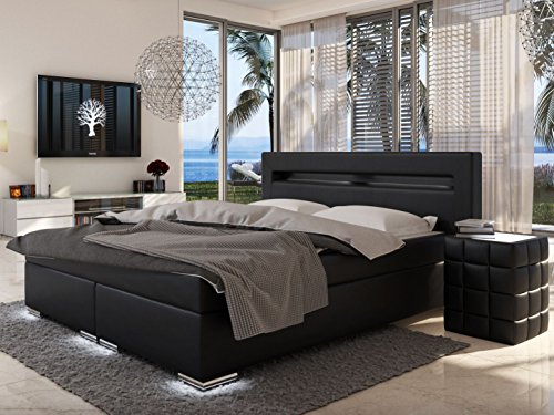 SAM® Design Boxspringbett mit Samolux®-Bezug in schwarz, LED-Beleuchtung an Füßen & Kopfteil, Bonellfederkern-Matratze, Box mit Holzrahmen und Nosag-Unterfederung, 180 x 200 cm