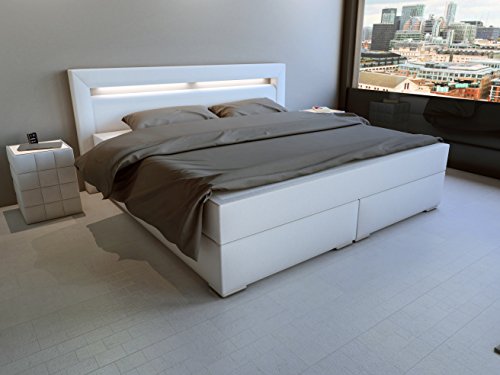 SAM® Design Boxspringbett mit Samolux®-Bezug in weiß, LED-Beleuchtung, Bonellfederkern-Matratze, Box mit Holzrahmen und Nosag-Unterfederung, extra dickem Topper, hochwertigen chromfarbenen-Füßen, optimale Einstiegshöhe, 180 x 200 cm [521407]