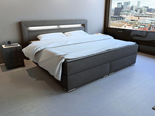 XXS® Boxspringbett Alabama | Stoffbezug in anthrazit | LED-Beleuchtung | Wellness und Entspannung beim Schlafen | Matratzen mit Härtegrad H3 | 180 x 200 cm