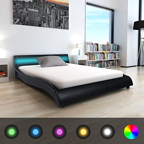 Festnight Bett Holzbett Kunstlederpolsterung Bettrahmen Doppelbett Schlafzimmerbett mit LED-Streifen und 140x200cm Memory-Matratze - Schwarz