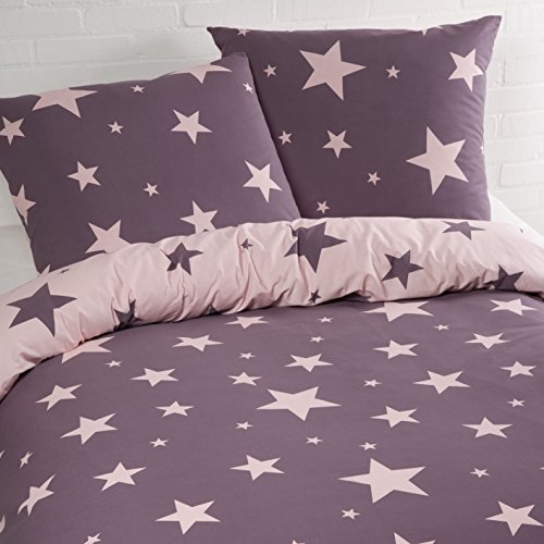 Aminata – Bettwäsche Sterne 135x200 cm Baumwolle + Reißverschluss zum Wenden Sternenmotiv Sternchen Stars Schwarz Weiß Lila Rosa Violett Anthrazit Grau Wendebettwäsche Bettwäscheset Jungen Mädchen