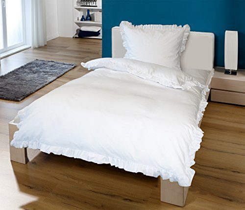 Krollmann 2-tlg. Bettwäsche Set Rüschen mit Reißverschluss aus 100% Baumwolle, Deckenbezug 135x200cm, Kissenbezug 80x80cm, Vintage-Stil Retro Style