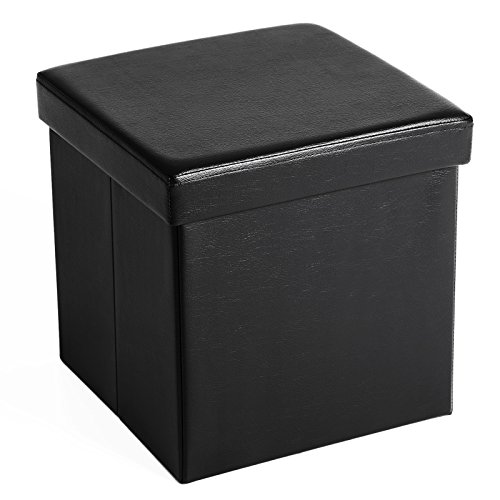SONGMICS LSF101 Faltbarer Sitzhocker Aufbewahrungsbox Belastbar bis 300 kg, Lederimitat, schwarz, 38.0 x 38.0 x 38.0 cm