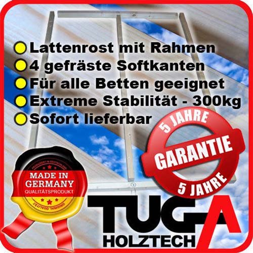 TUGA-Holztech Lattenrost 100x200cm 300Kg bestehend aus Rollrost und passendem Rahmen