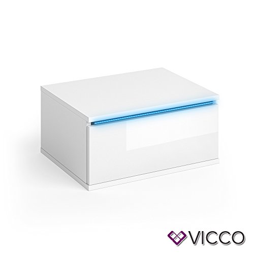 Vicco Nachttisch PIERRE weiß hochglanz 2er Set LED Nachtschrank wandhängend Kommode Schrank Schlafzimmer Schublade