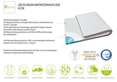 Topper-Matratze-Matratzenauflage, Homedi EBI - A3-90.8 Gel-Schaum-Matratzenauflage Gel-HR-Foam, Bezug-Waschbar, Matratzenauflage, 8 cm Hoch, weiß (90x200x8cm)