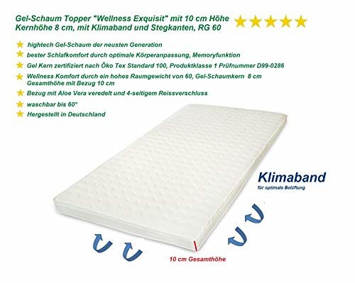 Wellness Exquisit – Gel-Schaum Topper Matratzenauflage – direkt vom BETTEN FACHGESCHÄFT – 10 cm Gesamthöhe Kern 8 cm – Raumgewicht RG 60 mit Klimaband und Stegkanten (100 x 200 cm)