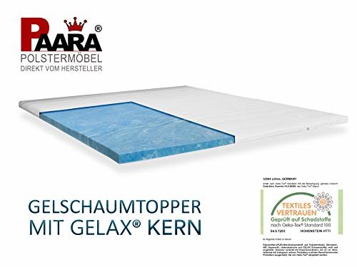 Topper mit GELAX® Matratzenauflage Gelschaum Topper mit 7cm Gesamthöhe und Raumgewicht RG 50 mit Gelax Platte Bezug Waschbar 180 x 200 cm