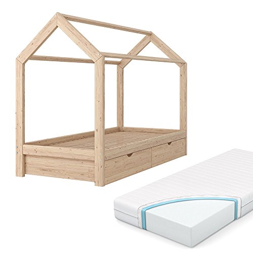 VICCO Kinderbett WIKI Kinderhaus Jugendbett Kinder Bett Holz Haus Schlafen Spielbett Hausbett - inkl. 7-Zonen Kaltschaummatratze, lackiertes Massivholz - kindgerechte Verarbeitung (Natur, 90 x 200 cm + Schublade)