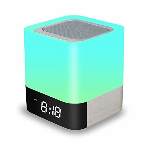 Amouhom Nachttisch Touchlampe, 5 in 1 LED Schreibtischlampe mit Bluetooth Lautsprecher 12/24H Digital Wecker 48 Farben&4000mAh Batterie Unterstützt SD Karte, Beste Geschenke für Kinder/Freunde