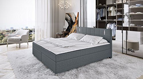 King Boxspringbett 180/200 cm inkl. LED-Beleuchtung Bett Doppelbett Polsterbett Komplettbett Hotelbett Ehebett Stoff grau