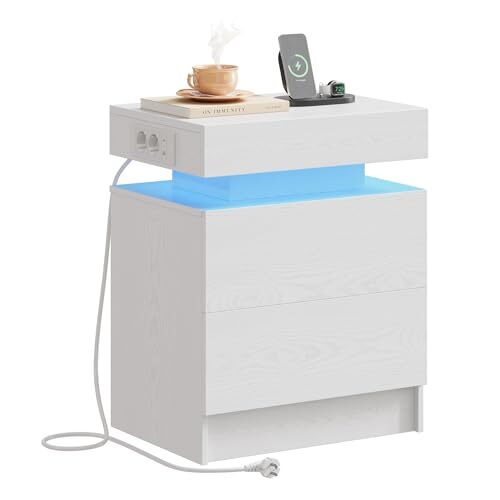IRONCK Nachttisch Weiß mit LED-Licht & Ladefunktion, Beistelltisch mit USB+Typ-C Anschlussen, Nachtschrank mit 2 Schubladen, Sofatisch für Schlafzimmer, Wohnzimmer, 35 x 48 x 60 cm