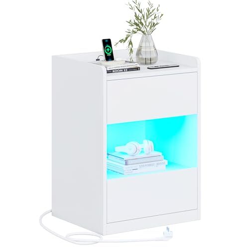 AOGLLATI Nachttisch mit LED-Beleuchtung und Ladestation, Nachtschrank mit 2 Schubladen und 1 Fach Beistelltisch mit Steckdosen Sofatisch für Schlafzimmer, Wohnzimmer 40x35x60cm (1, Weiß)