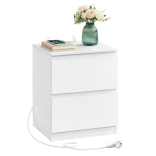 VASAGLE Kailyn Kollektion - Nachttisch mit Steckdosenleiste, Beistelltisch 2 Schubladen, 2 AC-Steckdosen, 2 USB-A-Anschlüsse, für Schlafzimmer, wolkenweiß LET621W02