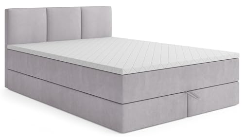 MRGROUP Boxspringbett mit Bettkasten RYGA 120 x 200 cm, Samtstoff, Polsterbett mit Bonell-Matratze und Topper, Doppelbett mit Stauraum, Bett für Schlafzimmer, Gepolstertes Kopfteil, H3, hellgrau