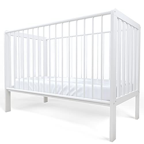 Staboos Baby Bett - Massivholz Kinderbett 70x140cm - 100% Buchenholz Babybett weiß - Gitterbett inkl. höhenverstellbarem Lattenrost - Made in EU