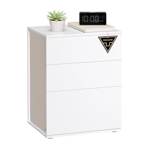 VASAGLE Nachttisch, Toolless-Technologie, superschnelle werkzeuglose Montage, Beistelltisch 3 Schubladen, Nachtschrank, Schlafzimmer, Wohnzimmer, mattweiß-cappuccinobeige LET778W01