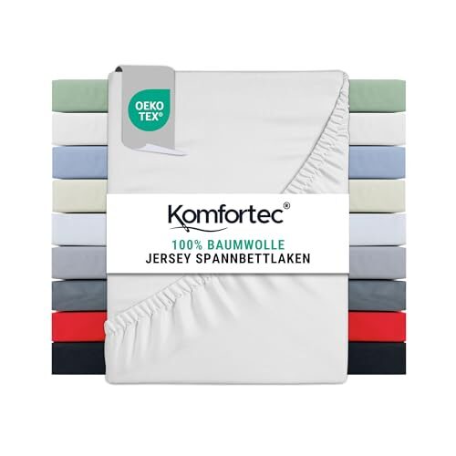 Komfortec Spannbettlaken Jersey 100% Baumwolle – 90x200 cm – 135g/m² – Weich, Atmungsaktiv & Hautfreundlich – Mit Rundumgummi – Oeko-Tex Zertifiziert – Für Boxspring, Topper & Matratzen – Weiß