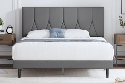 Yocreat Polsterbett 90 x 200 cm Bettgestell Doppelbett Bettrahmen mit Kopfteil, Stoffbett mit Lattenrost, Einfache Montage, Hellgrau