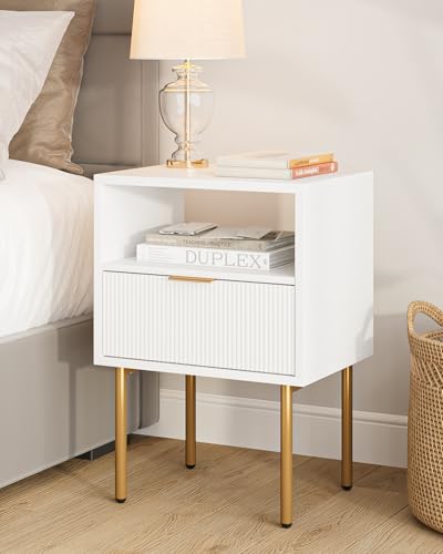 HEYZOEY Nachttisch, Nachtschrank mit 1 offenen Ablagen und 1 Schublade, Modern Nachtkästchen, Boho Nachtkommode für Schlafzimmer, Wohnzimmer, Weiß und Gold