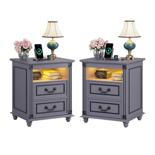 FREDEES Nachttisch 2er Set mit Steckdose, LED Nachttisch mit Ladefunktion, Beistelltische mit 2 Schublade Holz Nachtkommode für Schlafzimmer/Wohnzimmer Grau