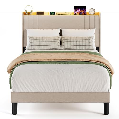 Blishom Polsterbett 120 x 200 cm, Modernes Stoffbett mit gepolstertem Kopfteil, Bettrahmen mit LED-Beleuchtung und Ladestation, für Gästezimmer und Schlafzimmer (Beige, 120 x 200 cm)