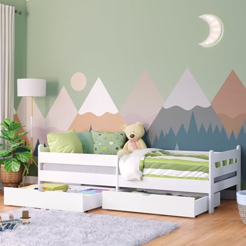 Bellabino Kuru Kinderbett 90x200 cm – Jugendbett mit 2 Schubladen - Kinder Bett mit Rausfallschutz & Lattenrost – Einzelbett für Jungen und Mädchen für Kinderzimmer – Kids Bed mit Stauraum in Weiß