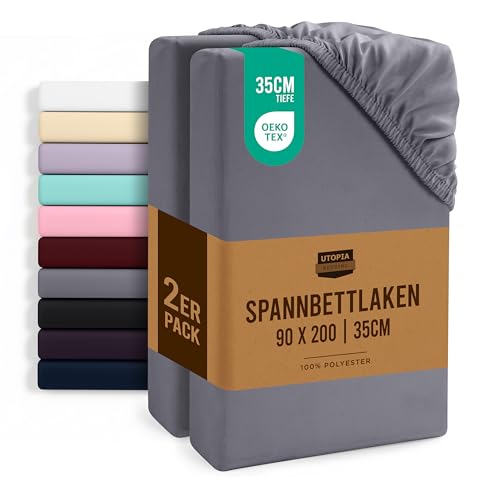 Utopia Bedding - 2er Set Spannbettlaken 90x200cm - Grau - Gebürstete Mikrofaser Spannbetttuch - 35 cm Tiefe Tasche