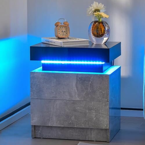 COSTWAY Nachttisch LED, Nachtschrank mit 2 Schubladen, Nachtkommode dynamisch & statisch beleuchtet, inkl. Fernbedienung, modern, 45 x 35 x 52cm, Grau