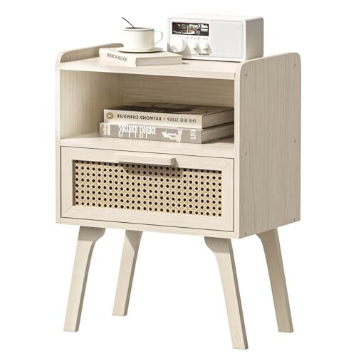 LELELINKY Nachttisch Rattan Modern, Kleiner Beistelltisch Holz mit Schublade und Offenem Regal, Nachttische hat Tischbeine aus Massivholz für Wohnzimmer Sofatisch, Schlafzimmer Nachtkommode, Hellgrau